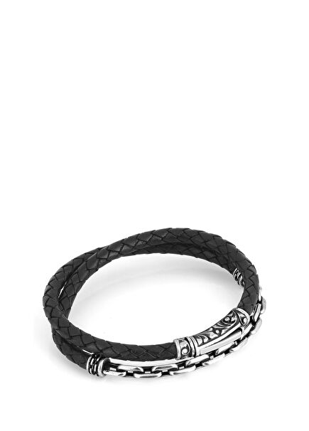 Arc Chain Leather Men's Silver Bracelet